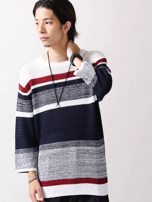 WEGO/ランダムボーダー7分袖ニットTシャツ
